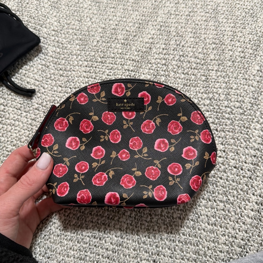 Kate Spade Black Floral Cosmetic Pouch with Pink Rose Print